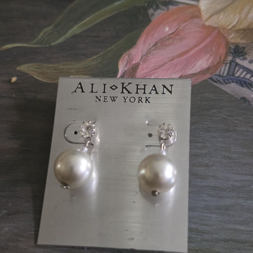 NWT Ali Khan New York Crystal Stud & Faux Pearl Dangle Earrings Silver Tone